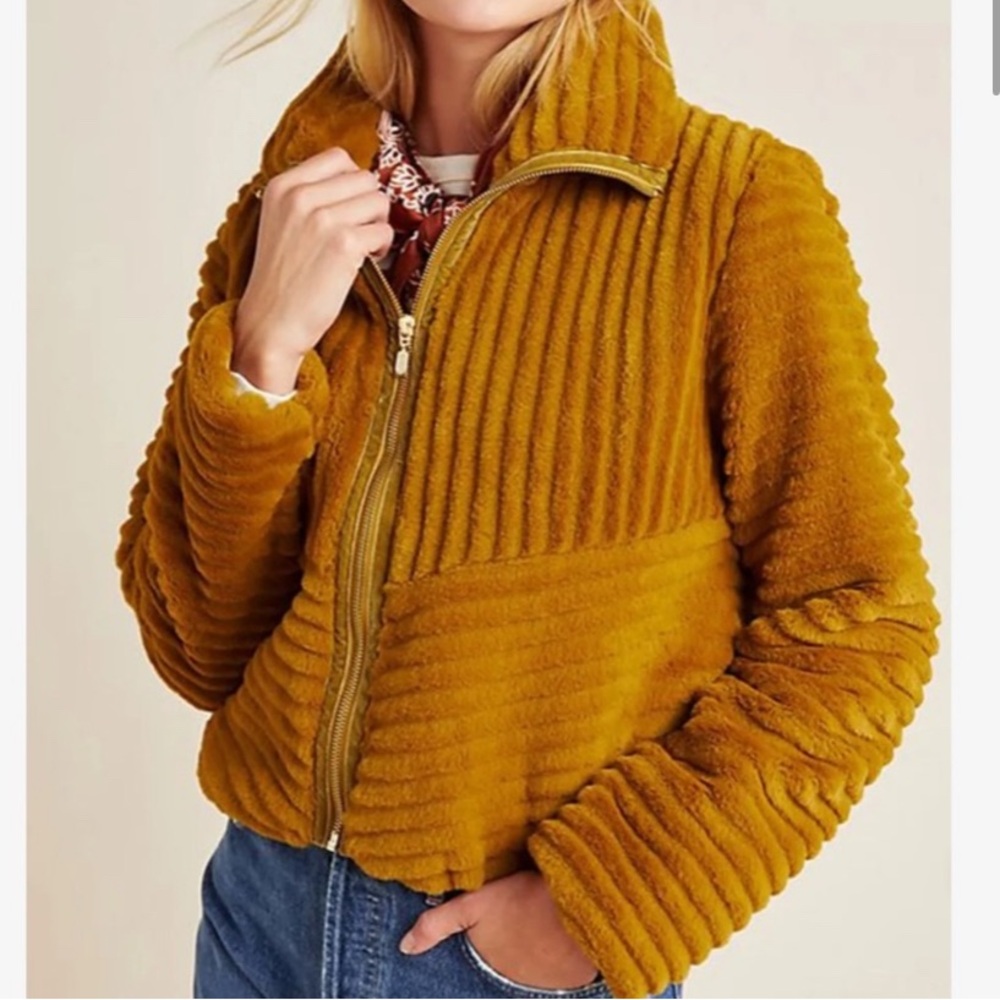 Anthropologie Natasha Bomber Jacket Mustard Yellow Faux Fur Medium full zip cozy